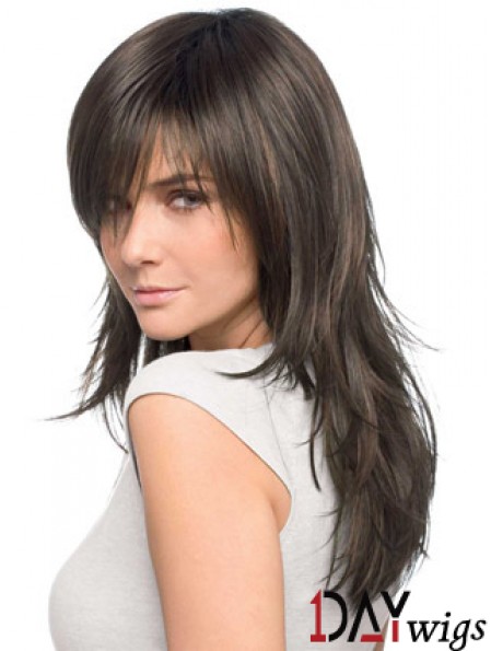 Daywigs Best Quality Realistic Brown Straight Remy Real Hair Easy Long Wigs With Bangs