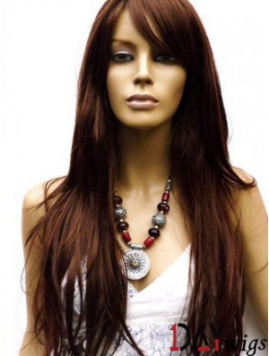 Real Hair Wig Long Length Auburn Color Lace Front With Bangs