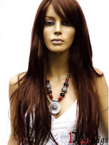 Real Hair Wig Long Length Auburn Color Lace Front With Bangs