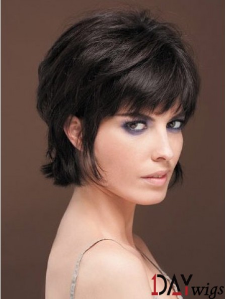 Naturally Straight Real Hair Wig With Bangs Capless Short Length Black Color
