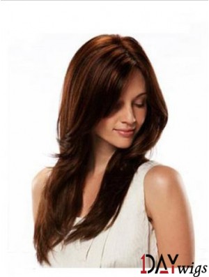 Real Hair Wigs Lace Front  Wig Long Length Straight Style Auburn Color