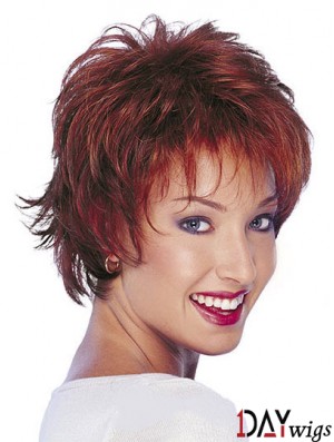 Real Hair Natural Wavy Wigs With Capless Short Length Red Color