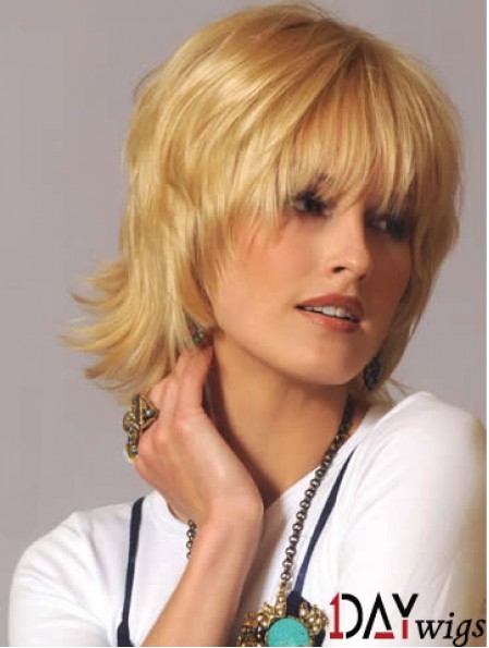 Real Hair Wavy Wigs Blonde Color Wavy Style With Capless