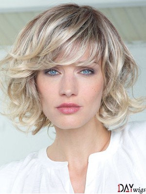 Real Hair Curly Wigs With Bangs Monofilament Shoulder Length Blonde Color