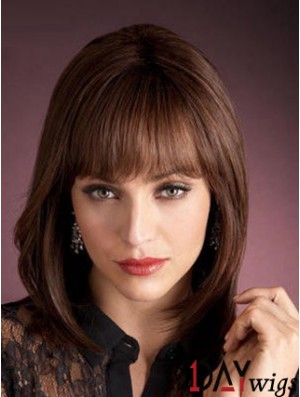 Light Auburn Real Wigs With Bangs Capless Straight Style Shoulder Length