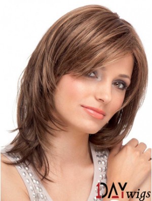 Real Hair Lace Front Straight With Bangs Auburn Color Shoulder Length