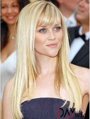 Blonde Remy Real Long Straight With Bangs Mono Wigs Real Hair