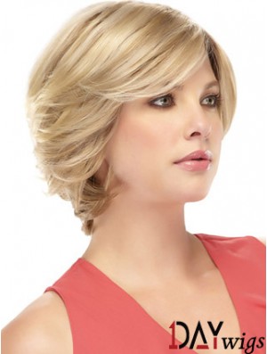 Monofilament Real Hair Wigs With Bangs Blonde Color Short Length