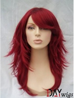 Red Human Hair Wigs Full Wig With Bangs Wavy Style Shoulder Length