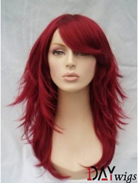 Red Real Hair Wigs Full Wig With Bangs Wavy Style Shoulder Length