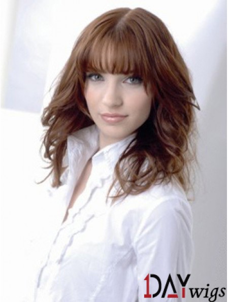 Wavy Real Hair Wig Medium Auburn Color Shoulder Length With Bangs