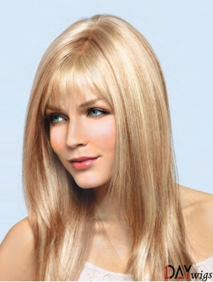 16 inch Blonde Remy Real Straight With Bangs Hand Tied Lace Wigs