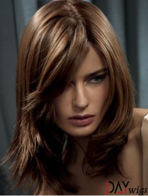 Long Brown Wavy Real Hair Wig With Capless Straight Style