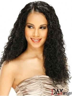 Real Hair Lace Front Wig Curly Style Long Length Black Color