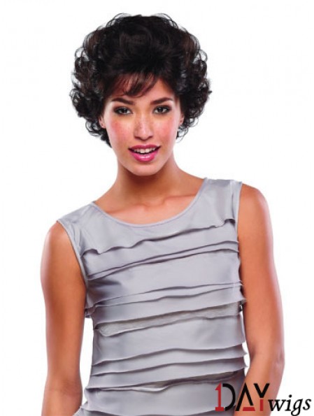 Short Curly Real Hair Lace Wigs Brown Color Classic Cut