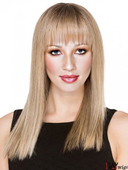 Blonde Long Real Hair Monofilament Wigs With Fringe With Bangs For Women