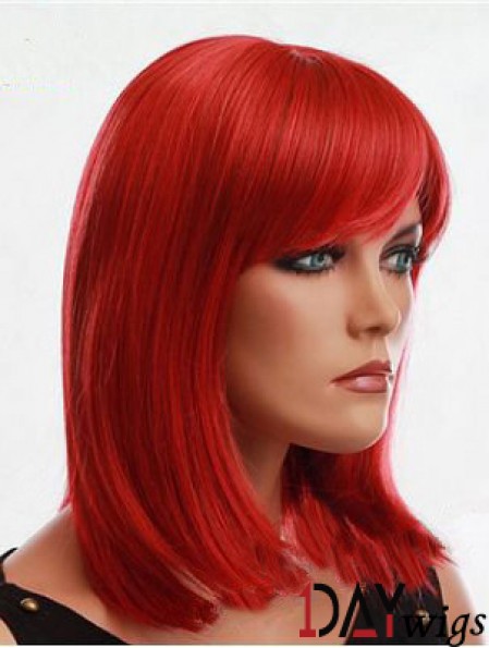 Real Hair Red Wig With Bangs Capless Red Color Straight Style