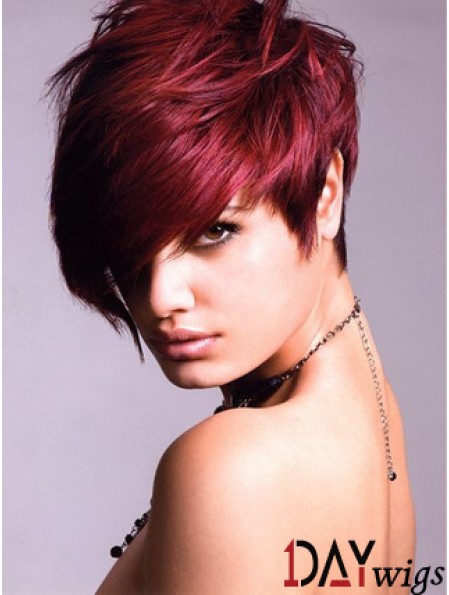 Real Hair Lace Front Wig With Bangs Short Length Red Color