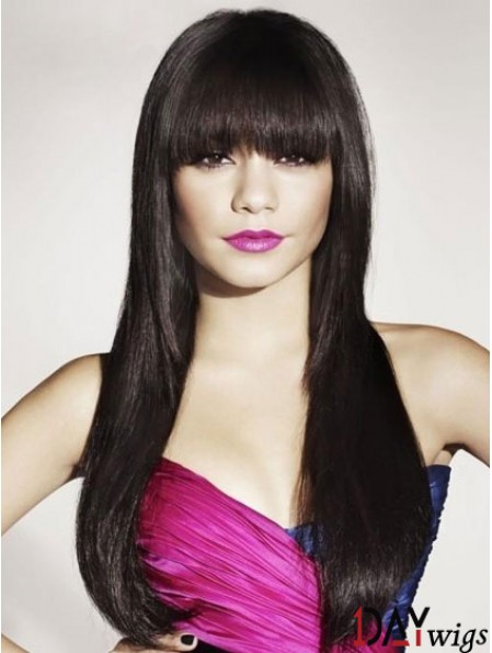 Black Real Hair With Bangs Long Length Straight Style