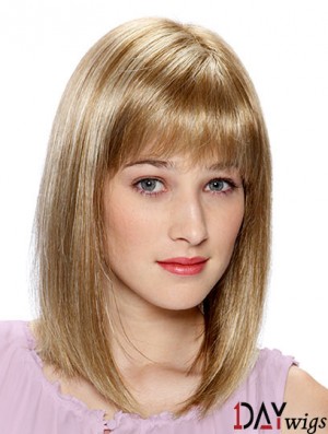 Lace Front Real Hair Wigs Blonde Color Shoulder Length With Bangs