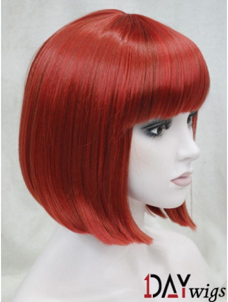 Real Hair Lace Front Wig Chin Length With Bangs Red Color
