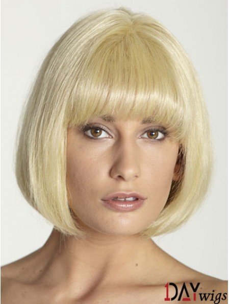 Blonde Straight Chin Length Bobs 100% Hand-tied Cheap Real Hair Wigs With Bangs