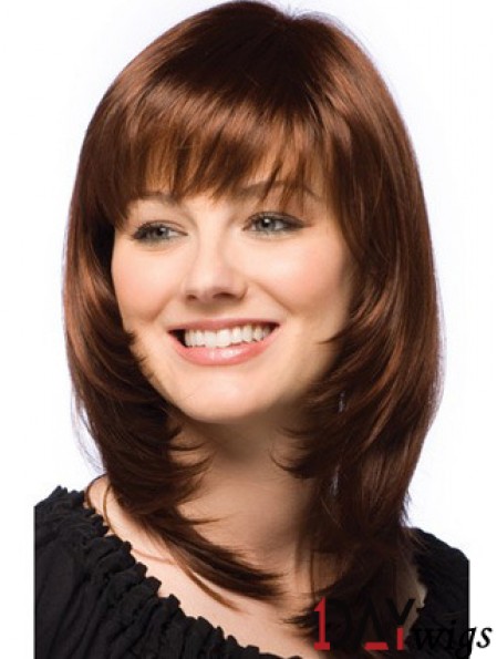 Fashionable Auburn Straight Shoulder Length Real Hair Wigs With Bangs