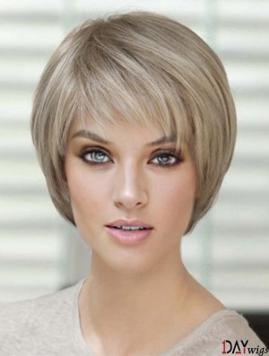 Blonde Short Straight With Bangs Monofilament Wigs