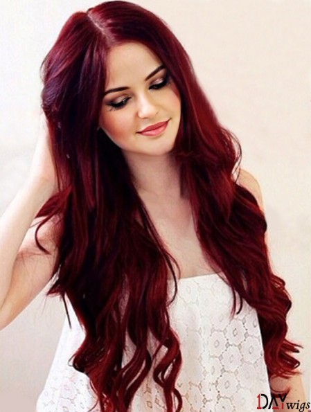 Charming Deep Red Hair Color Long Real Hair Wavy Lace Front Wigs