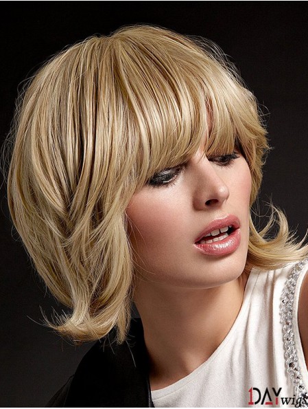 Real Hair Hand Tied Wigs With Bangs Blonde Color Shoulder Length