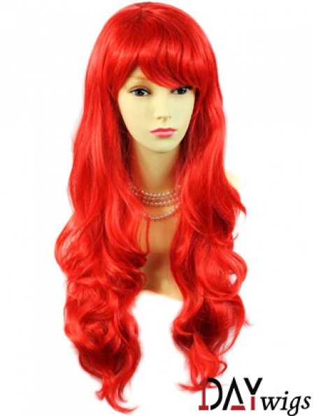 Hot Sale Real Hair Long Wavy With Bangs 24 Inches Red Wigs 