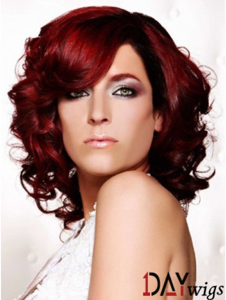 Curly With Bangs Shoulder Length Red Ideal Lace Front Wigs