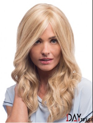 Real Hair Mono Wigs With Remy Blonde Color Wavy Style With Bangs