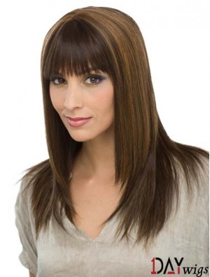 With Bangs Modern Straight Brown Long Real Hair Wigs