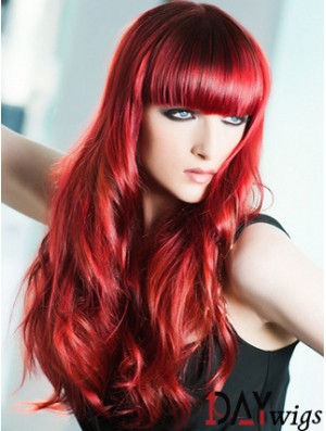 Capless Wavy 22 inch With Bangs Long Red Real Hair