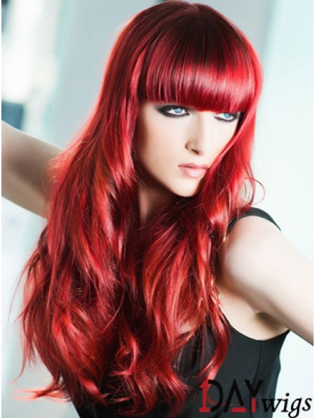 Capless Wavy 22 inch With Bangs Long Red Real Hair