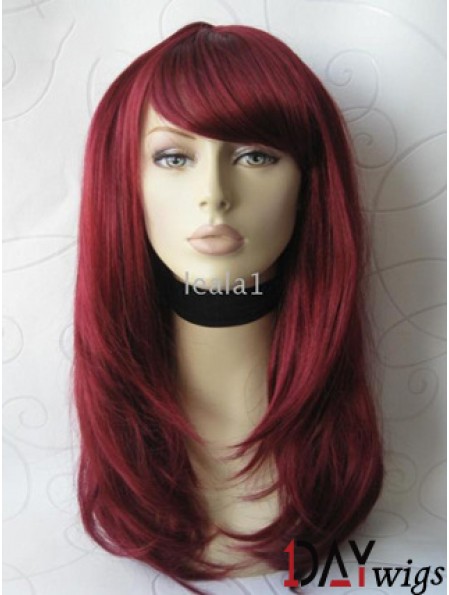 Front Lace Wig With Bangs Long Length Straight Style Red Color