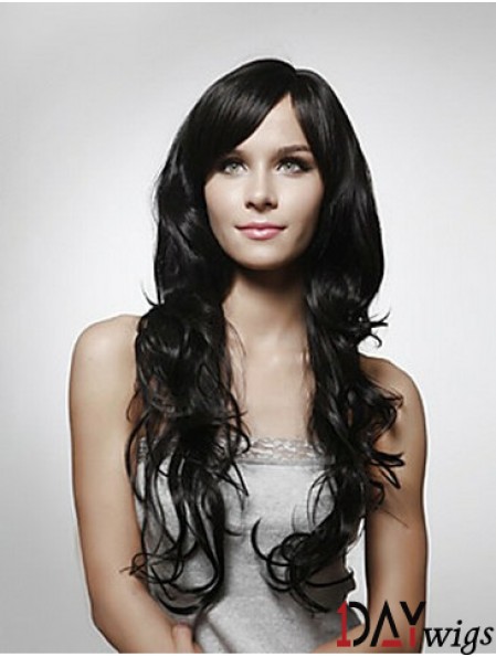 Long Curly Real Hair Wigs Layered Cut Black Color