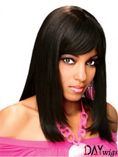Full Real Hair Wigs With Bangs Full Lace Shoulder Length Black Color