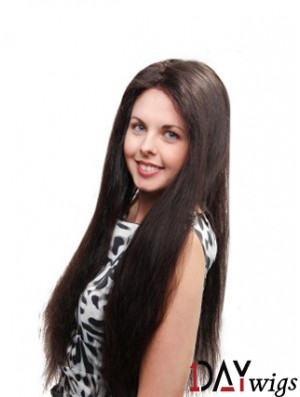 Straight Without Bangs 100% Hand-tied Sleek 26 inch Black Long Wigs