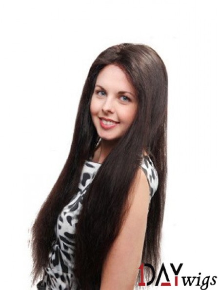 Straight Without Bangs 100% Hand-tied Sleek 26 inch Black Long Wigs