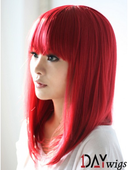 Red Synthetic Wigs With Bangs Shoulder Length Straight Style