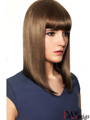 With Bangs High Quality Straight Brown Shoulder Length Real Hair Wigs