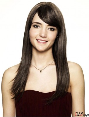 Brown Real Hair Wig Shoulder Length Straight Style With Bangs