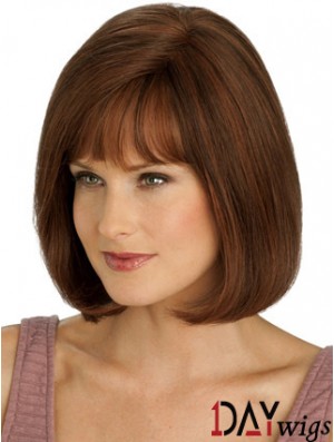 Real Hair Long Bob Wigs With Monofilament Straight Style Auburn Color