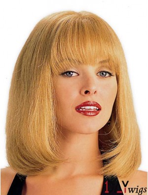 Real Hair Wig Blonde With Bangs Straight Style Shoulder Length
