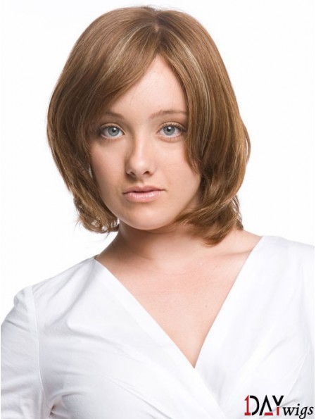 Monofilament Wavy With Bangs Chin Length Comfortable Real Hair Wigs