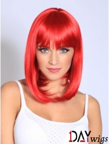 Straight With Bangs Shoulder Length Red Fashionable Lace Front Wigs