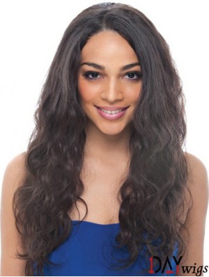 Real Hair 24 inch Black Long Without Bangs Wavy Discount Lace Wigs