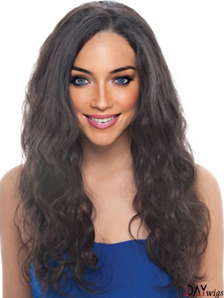 Real Hair 24 inch Black Long Without Bangs Wavy Discount Lace Wigs